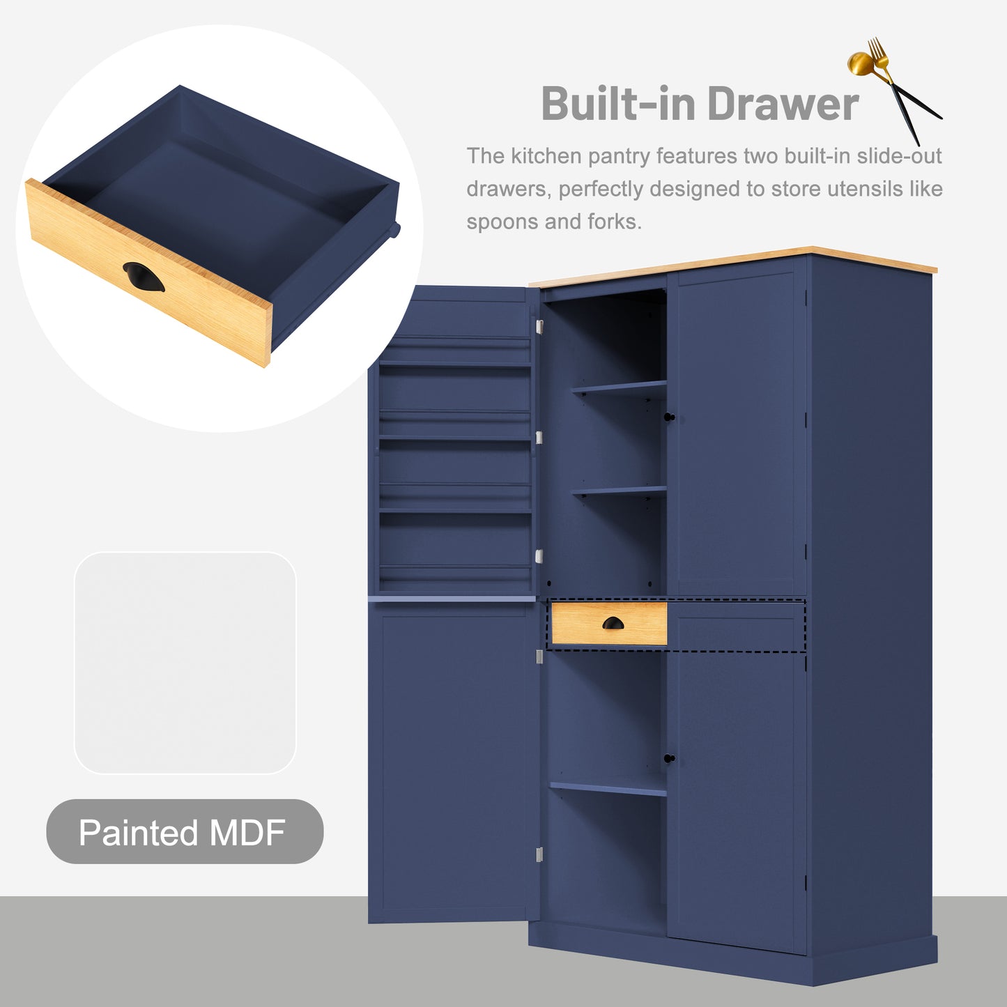 [Assembly Video Provided]TOPMAX 40.2x20x71.3inch High Freestanding Kitchen Pantry Large Cupboard Storage Cabinet with 2 Drawers, 2 Adjustable Shelves, 8 Door Shelves for Kitchen, Dining Room,Blue image 5