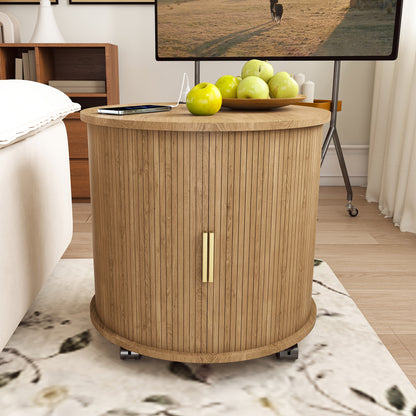 Set of2 Mid Century Modern Cylinder End Table with Built-in Charging Station & Sliding Door, 2-Tier Storage Round Nightstand with USB Ports, Osk Bedside Table for Living Room, Bedroom, Entryway image 1