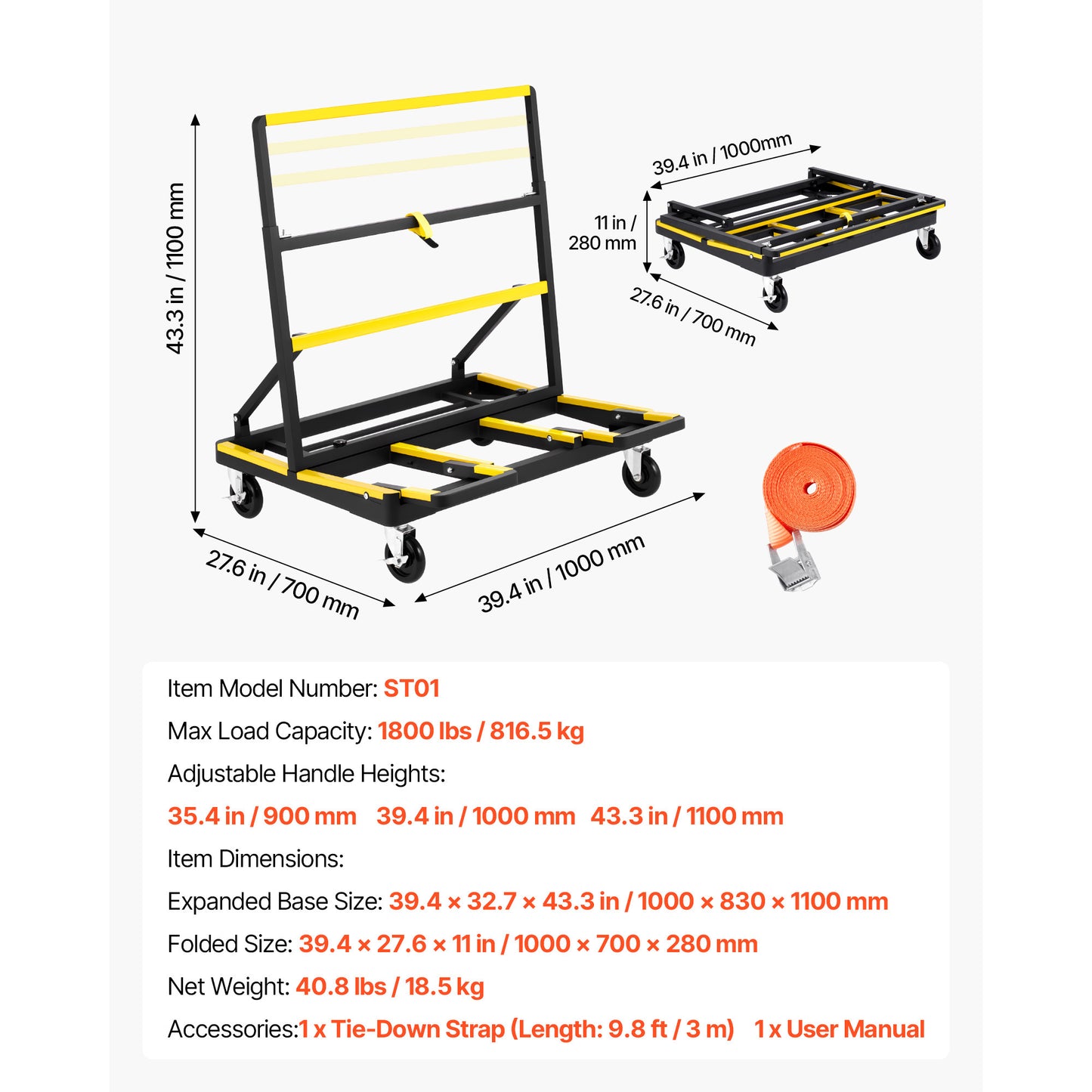 Drywall Cart Dolly, 1800 lbs Load Capacity, Steel Panel Dolly with 4 Swivel Casters & Expandable Deck, Foldable Panel Truck Cart with Tie-Down Strap for Handling Plywood, Plasterboard, Glass image 6