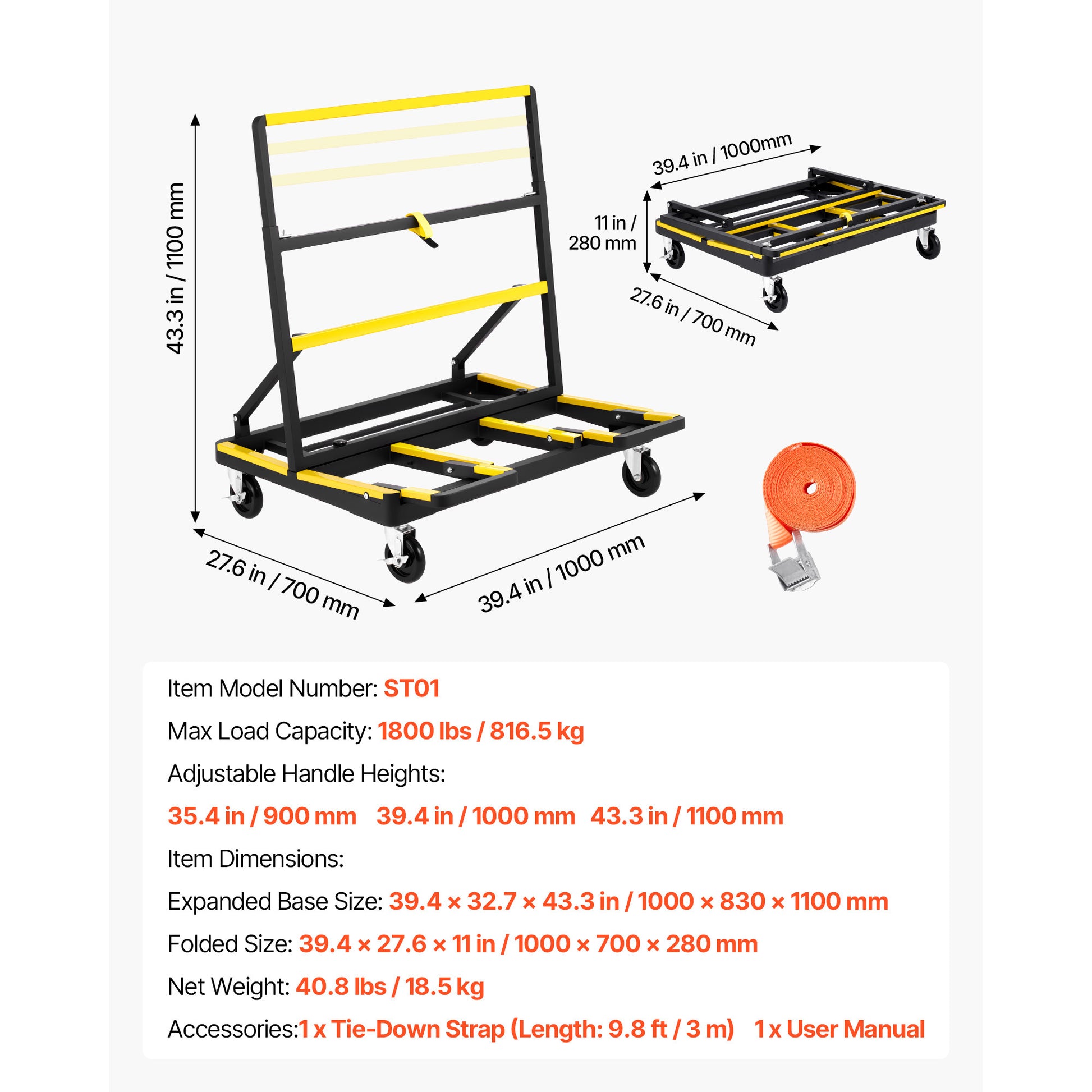 Drywall Cart Dolly, 1800 lbs Load Capacity, Steel Panel Dolly with 4 Swivel Casters & Expandable Deck, Foldable Panel Truck Cart with Tie-Down Strap for Handling Plywood, Plasterboard, Glass image 6