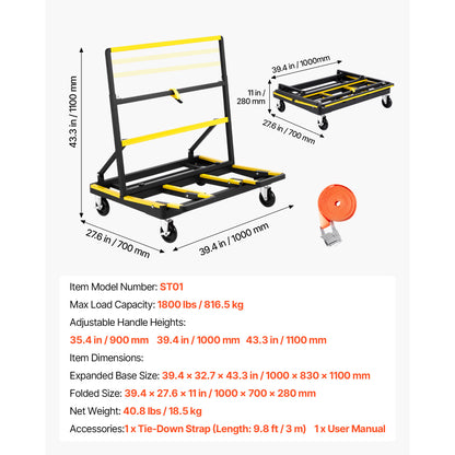 Drywall Cart Dolly, 1800 lbs Load Capacity, Steel Panel Dolly with 4 Swivel Casters & Expandable Deck, Foldable Panel Truck Cart with Tie-Down Strap for Handling Plywood, Plasterboard, Glass image 6