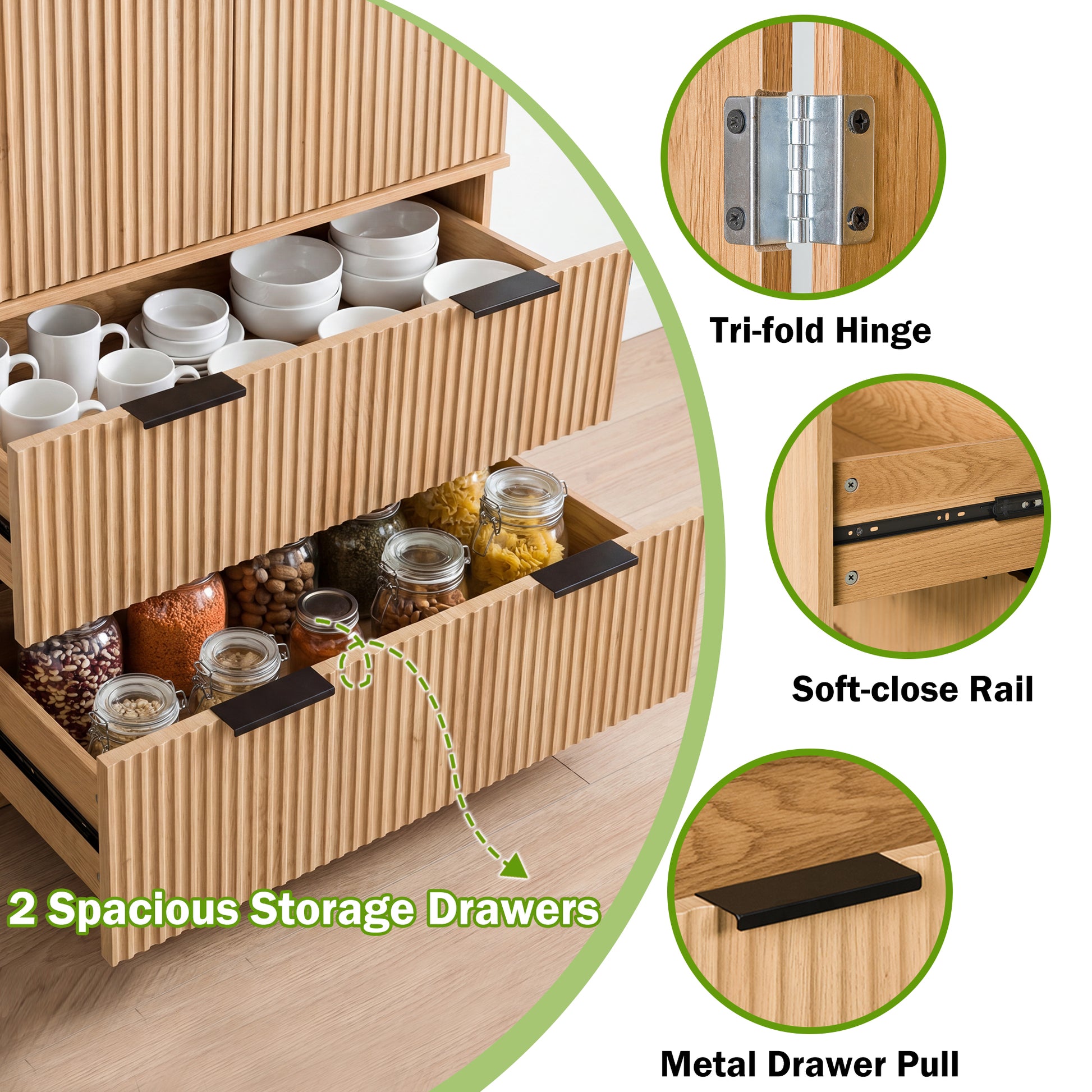 72" Modern Fluted Kitchen Pantry Cabinet with 2 Large Drawers & 8-Door Spice Rack, Freestanding Storage Organizer for Bathroom, Dining Room, Office, Entryway, Oak image 5