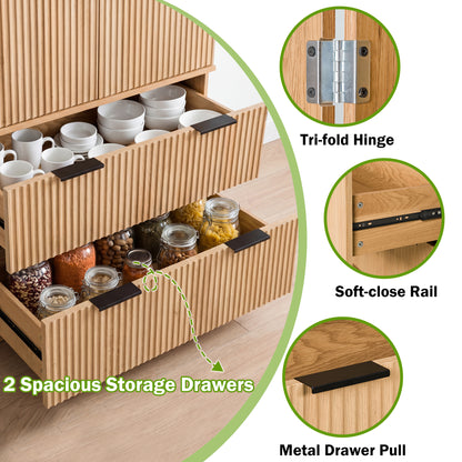72" Modern Fluted Kitchen Pantry Cabinet with 2 Large Drawers & 8-Door Spice Rack, Freestanding Storage Organizer for Bathroom, Dining Room, Office, Entryway, Oak image 5