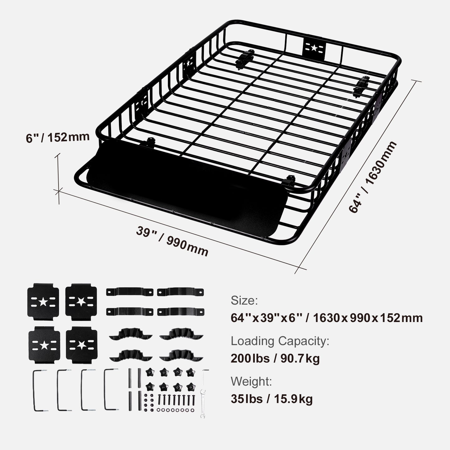 Roof Rack Cargo Basket, 64" x 39" x 6" Rooftop Cargo Carrier with Extension, Heavy-duty 200 LBS Capacity Universal Roof Rack Basket, Luggage Holder for SUV, Truck, Vehicle image 7