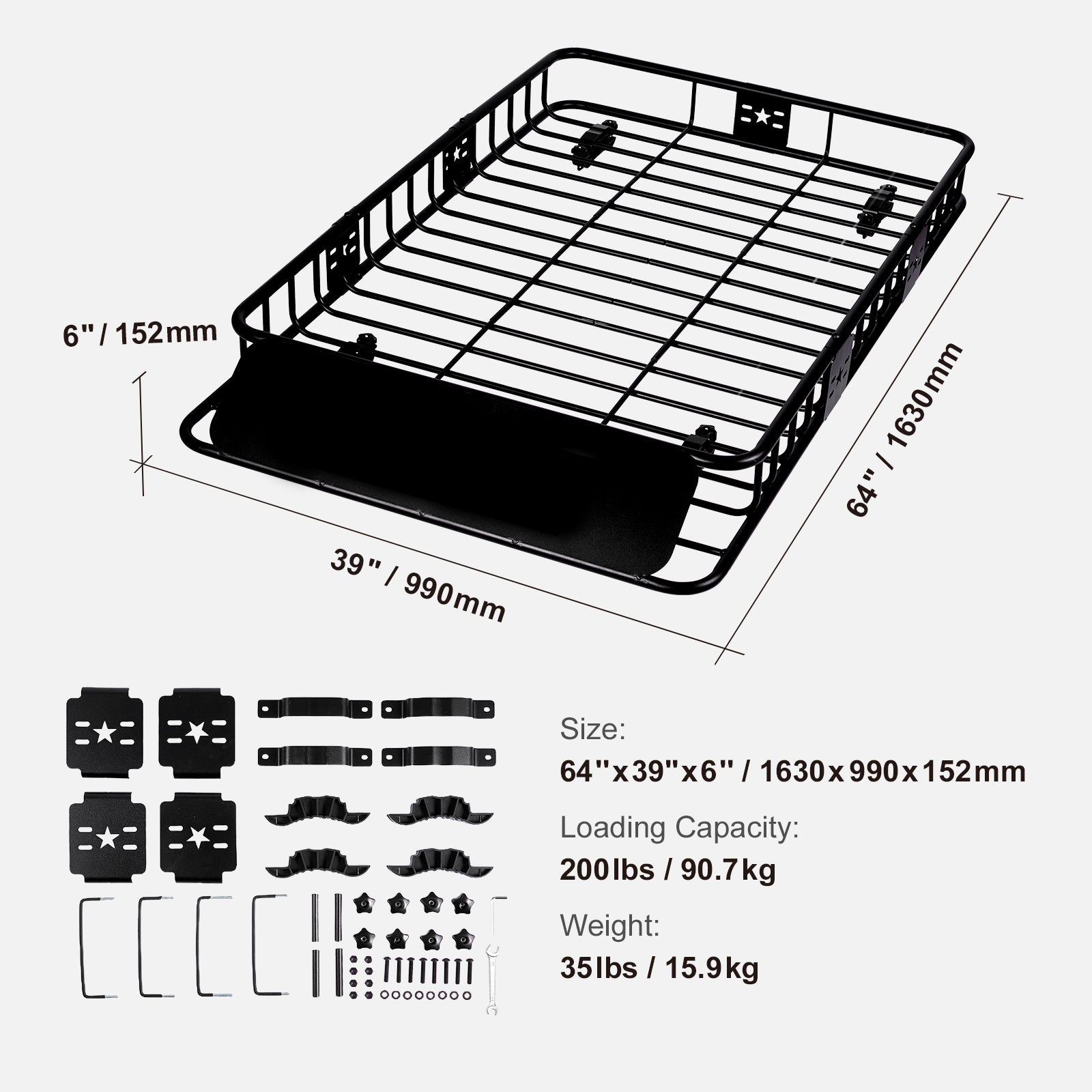 Roof Rack Cargo Basket, 64" x 39" x 6" Rooftop Cargo Carrier with Extension, Heavy-duty 200 LBS Capacity Universal Roof Rack Basket, Luggage Holder for SUV, Truck, Vehicle image 7