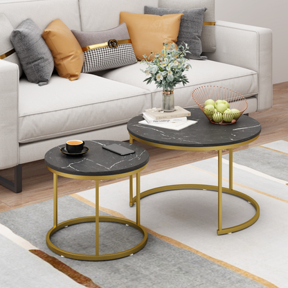 27.6in Nesting Coffee Table Set of 2, Round Coffee Table Wood Marble Pattern Top with Sturdy Metal Frame, End Table Side Tables for Living Room Bedroom Balcony Yard (Black) image 12