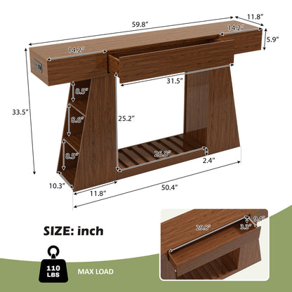 60 Inch Narrow Console Table with Built-in Power Outlet, Farmhouse Sofa Table Behind Couch, Entryway Foyer Table with Side Storage Compartment & Slatted Bottom Shelf, image 4