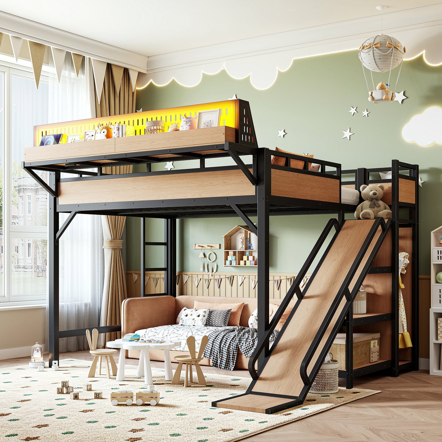 Queen Size Loft Bed with Slide, Storage Shelves and Built-in Wardrobe, Metal Loft Bed Frame with USB Ports and LED Lights, with Pegboard, Safety and Solid, Natural image 2