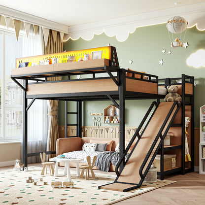 Queen Size Loft Bed with Slide, Storage Shelves and Built-in Wardrobe, Metal Loft Bed Frame with USB Ports and LED Lights, with Pegboard, Safety and Solid, Natural image 2