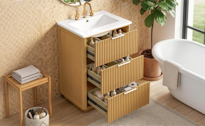 24 inch Modern Luxury Bathroom Vanity with Ceramic Sink, Bathroom Cabinet with Open Shelf and Closed Storage image 12