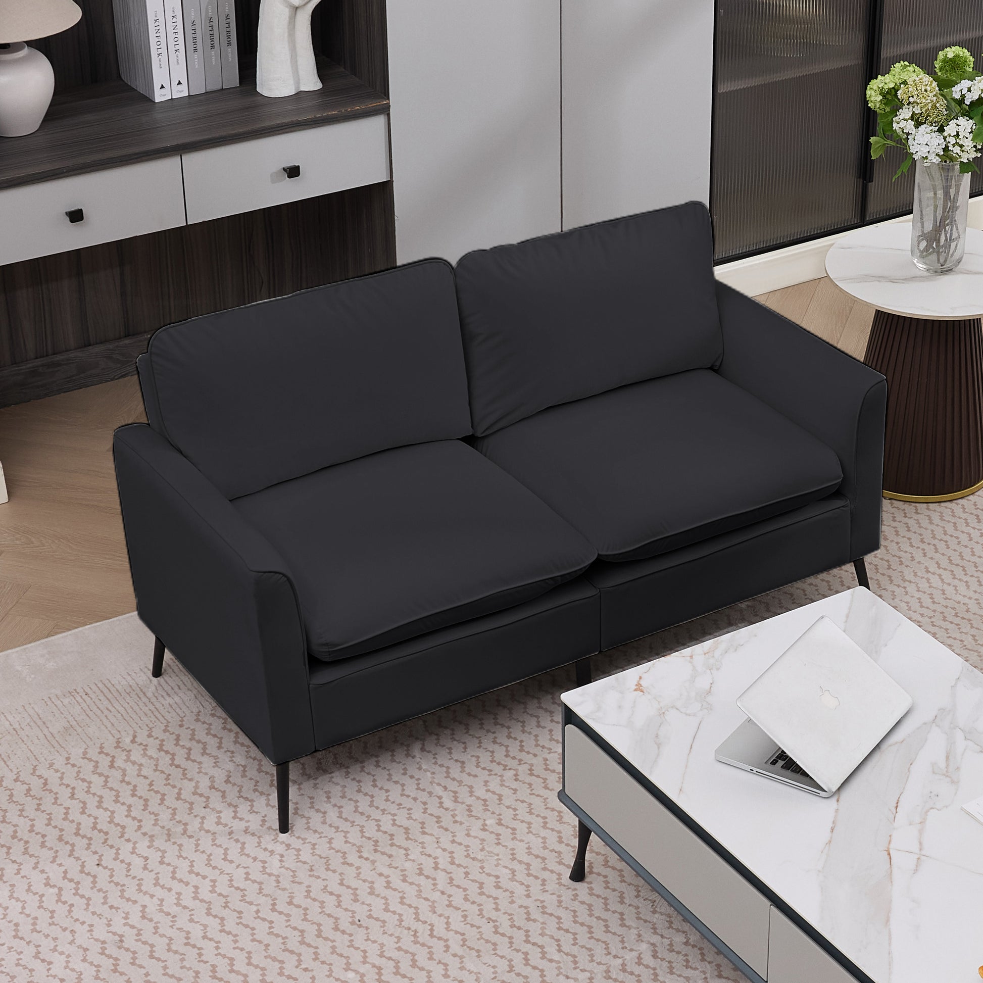 TS Cat paw leather upholstered sofa loveseat,Nordic retro light luxury living room balcony bedroom single casual sofa chair Double sofa + two pack combination (black) image 3