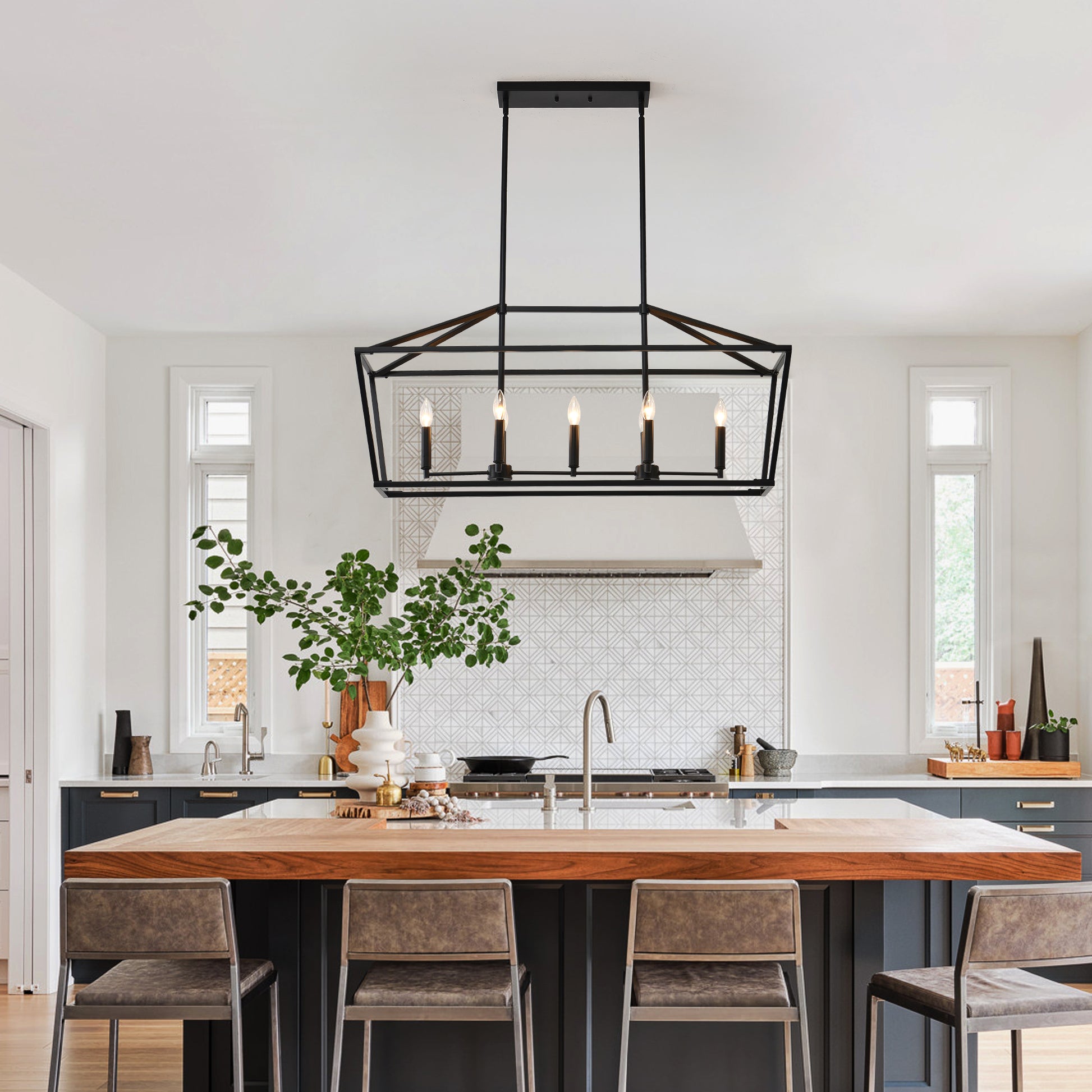 7-Light Farmhouse Kitchen Island Lighting,5 Light Industrial Linear Chandelier for Dining Room Metal Matte Black Finish Hanging Pendant Light Fixture for Bedroom Living Room Hallway Conference Room image 2