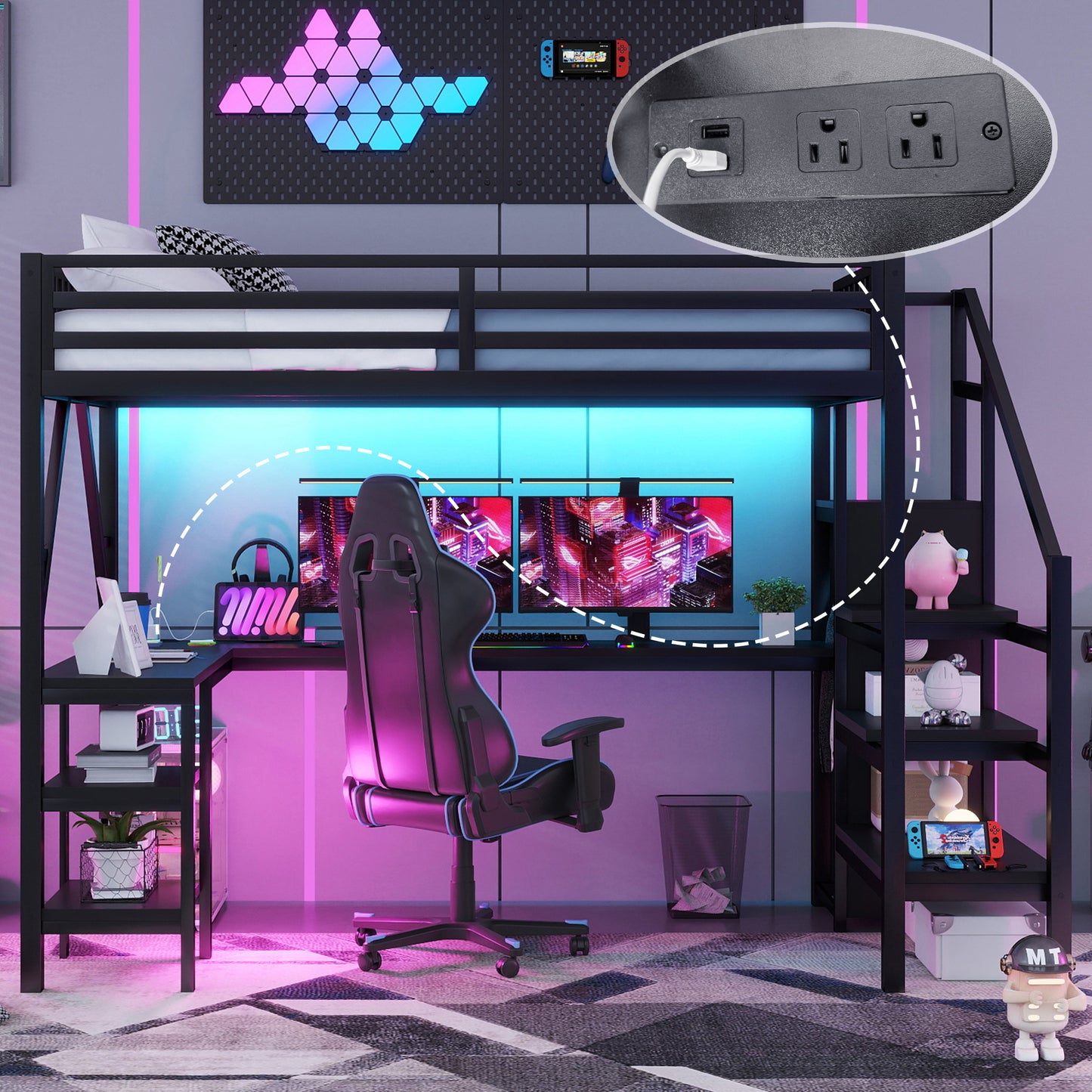Metal Full Loft Bed with Wardrobe and LED Light, Full Size Loft Bed with L Shaped Desk and USB for Kids Teens Adults, Black(Old SKU W2593S00008,Expect Arrival Date 2026/2/25) image 2