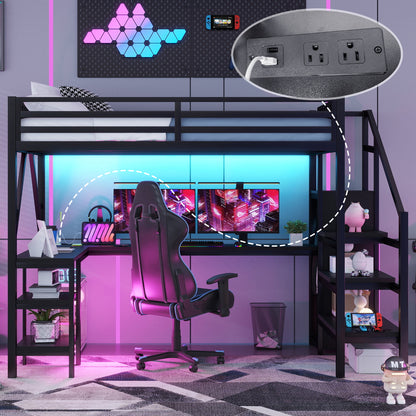 Metal Full Loft Bed with Wardrobe and LED Light, Full Size Loft Bed with L Shaped Desk and USB for Kids Teens Adults, Black(Old SKU W2593S00008,Expect Arrival Date 2026/2/25) image 2