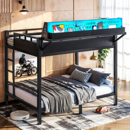Full over Full Size Metal Bunk Bed with Storage Shelves and Pegboard, Bunk Bed Frame with USB Ports and LED Lights, Space-Saving, for Teens and Adults, Black image 5