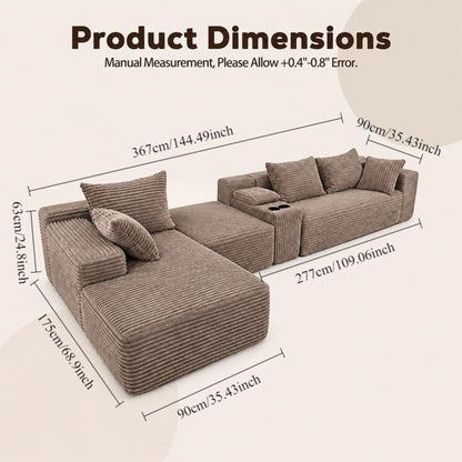 144 inch corduroy U-shaped modular segmented sofa, large seat depth convertible form, with cup holder and storage space, modern Nordic comfortable sofa bed, suitable for large living rooms, apartments image 5