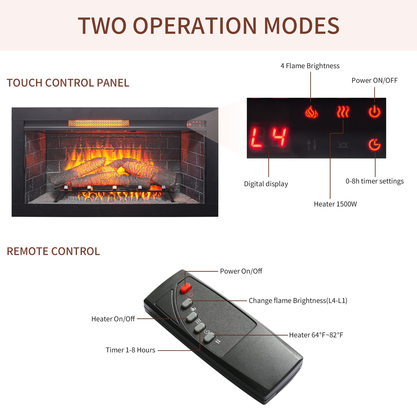 36 inch Infrared Electric Fireplace with Removable Trim kit Insert, Touch Panel Home Decor Heater image 9