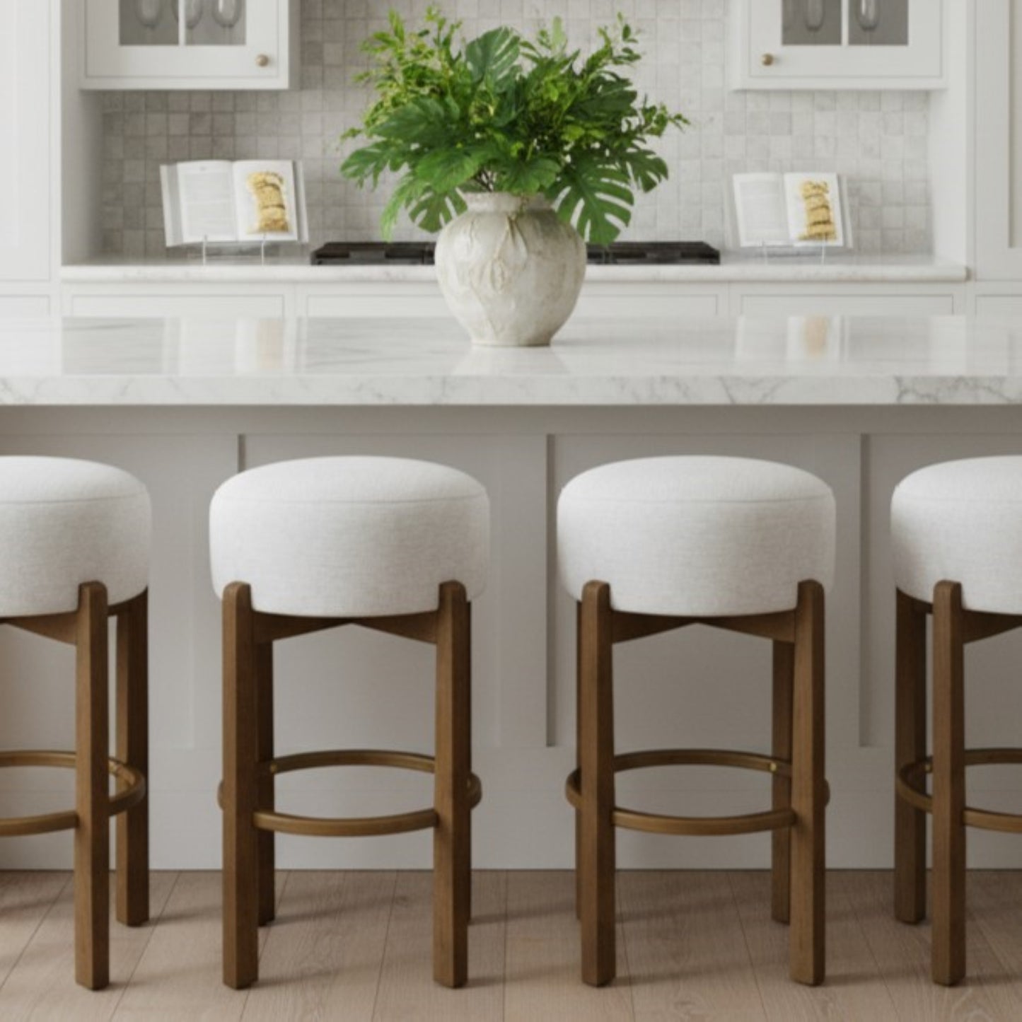 Vera Indoor Wooden Upholstered Barstool, Dark Walnut Finish and Ivory Upholstery, Set of 2 image 2