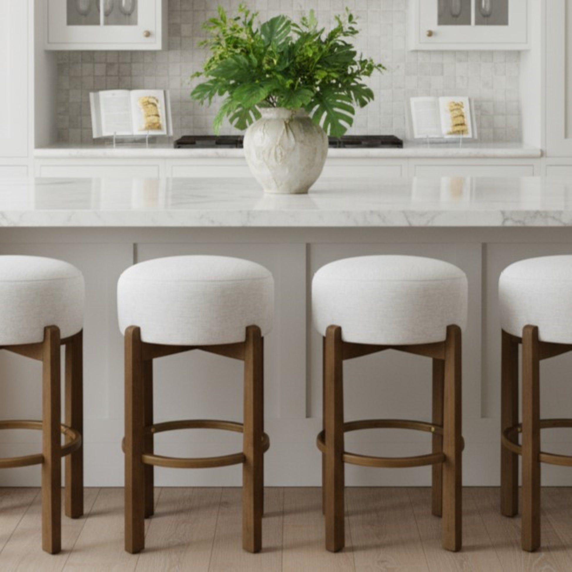 Vera Indoor Wooden Upholstered Barstool, Dark Walnut Finish and Ivory Upholstery, Set of 2 image 2