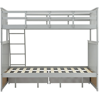 Twin Over Full Bunk Bed with Storage Drawers, Wooden Bunk Bed with Ladder and Safety Guard Rails –Gray image 6