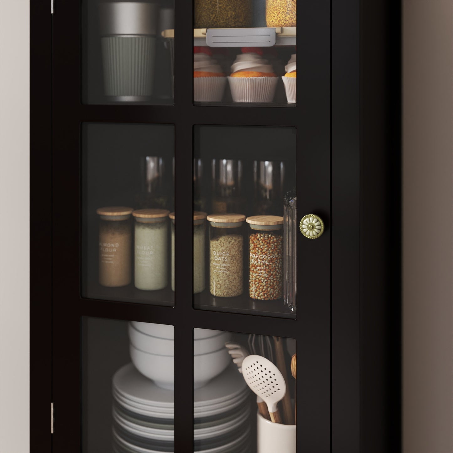 Black Tall Storage Cabinet with Glass Door & 2 Drawers, Narrow Freestanding Sideboard Buffet with Adjustable Shelves, Farmhouse Retro Pantry Cupboard for Dining Room, Living Room, Bathroom, Stud image 9