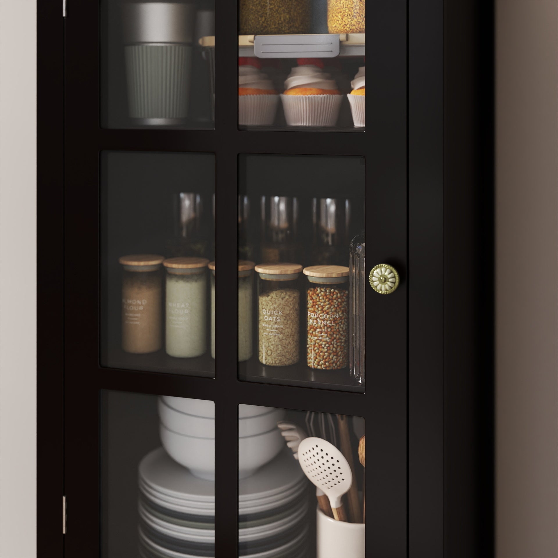 Black Tall Storage Cabinet with Glass Door & 2 Drawers, Narrow Freestanding Sideboard Buffet with Adjustable Shelves, Farmhouse Retro Pantry Cupboard for Dining Room, Living Room, Bathroom, Stud image 9