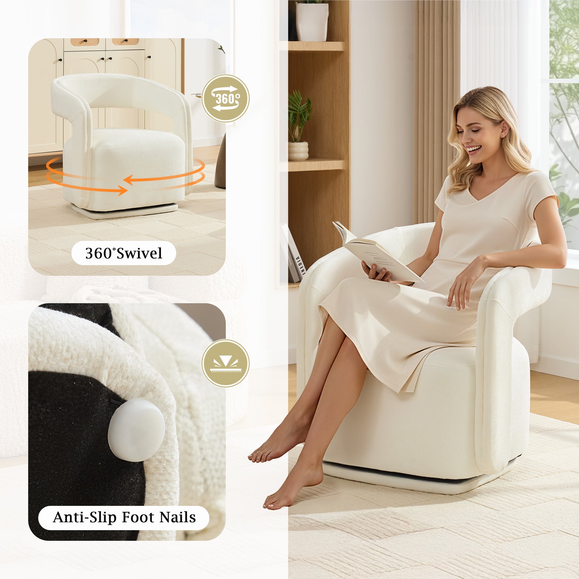 065-Chenille Fabric Swivel Accent Armchair, Comfy Barrel Leisure Chair With Curved Backrest, Upholstered Reading Chair With Black Swivel Base, 22-inch large seat depth and width, White image 6