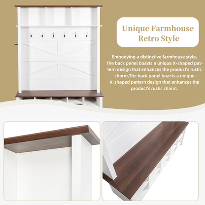 Farmhouse 4-in-1 Hall Tree with 6 Hooks, Walnut Entryway Bench with Shelves, Wooden Style Rustic Shoe Organizer with 16 Open Compartments for Mudroom, Living Room, White (OLD SKU: N721P264915K) image 6