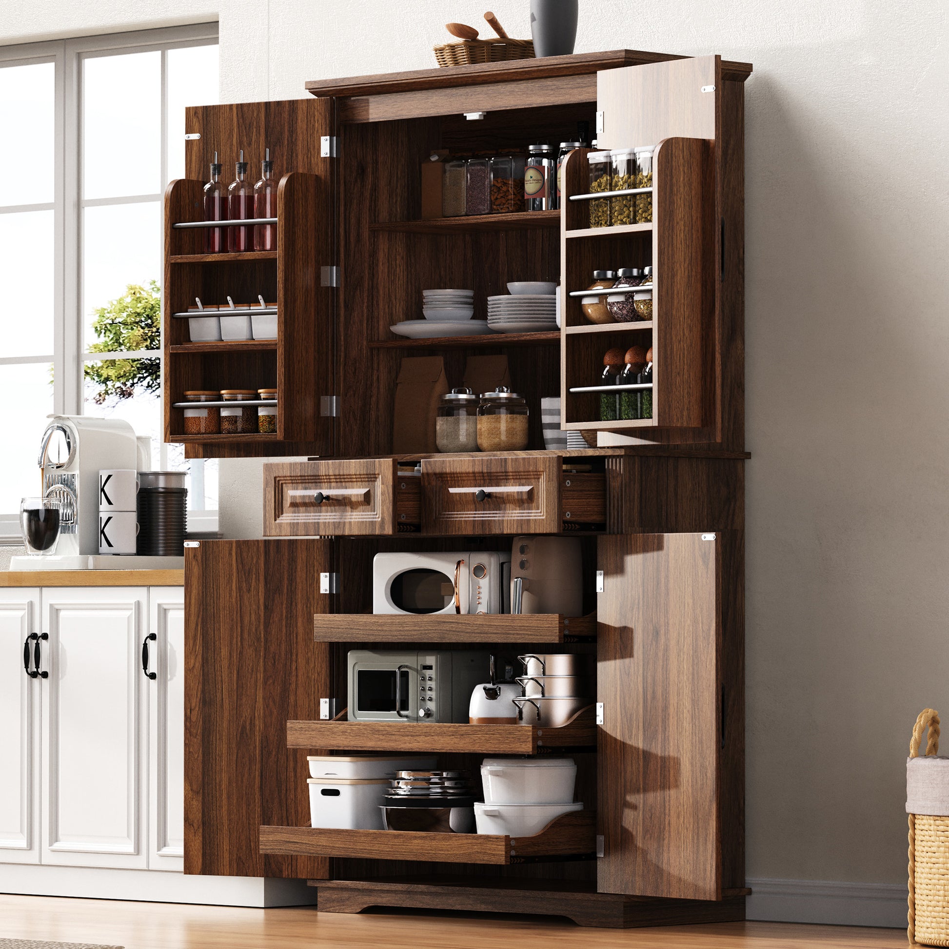 K&K 71" Tall Kitchen Pantry Cabinet with 3 Pull Out Cabinet Organizers, Farmhouse Embossed Texture Storage Cabinet with 6 Door Shelves, 2 Drawers, Freestanding Cupboard for Kitchen, Dining Room Brown image 1