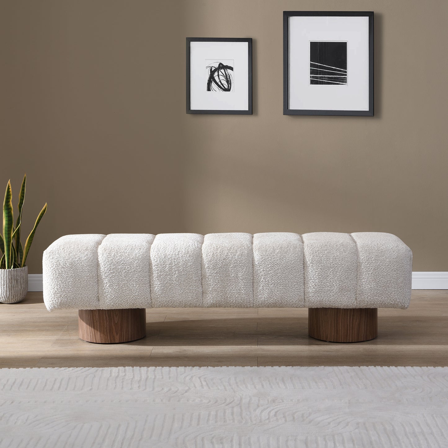 Upholstered Dining Bench for Dining Room, No-Assembly End of Bed Entryway Bench Ottoman for Bedroom Living Room, Beige Faux Fur Fabric, 300 LBS Weight Capacity image 2