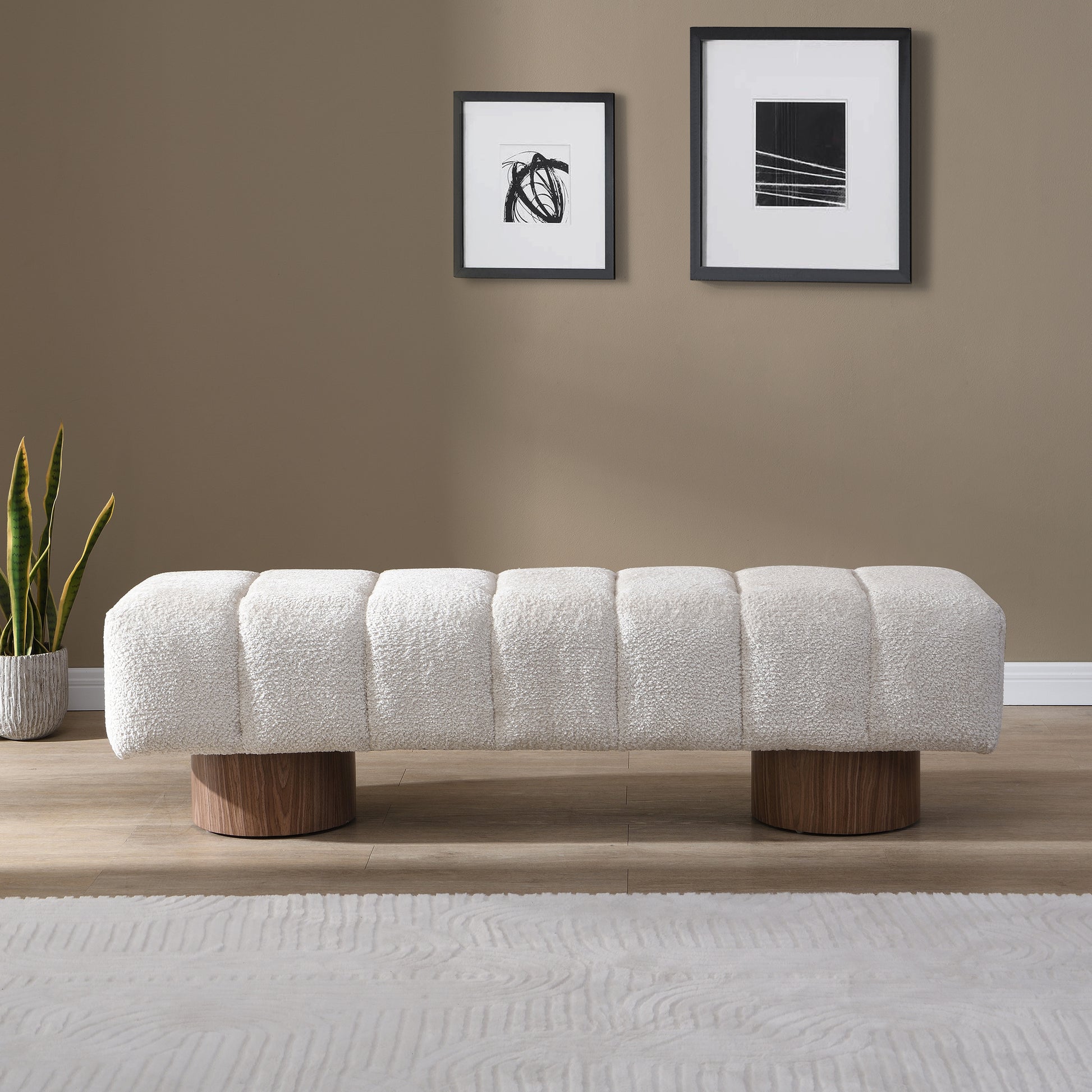 Upholstered Dining Bench for Dining Room, No-Assembly End of Bed Entryway Bench Ottoman for Bedroom Living Room, Beige Faux Fur Fabric, 300 LBS Weight Capacity image 2