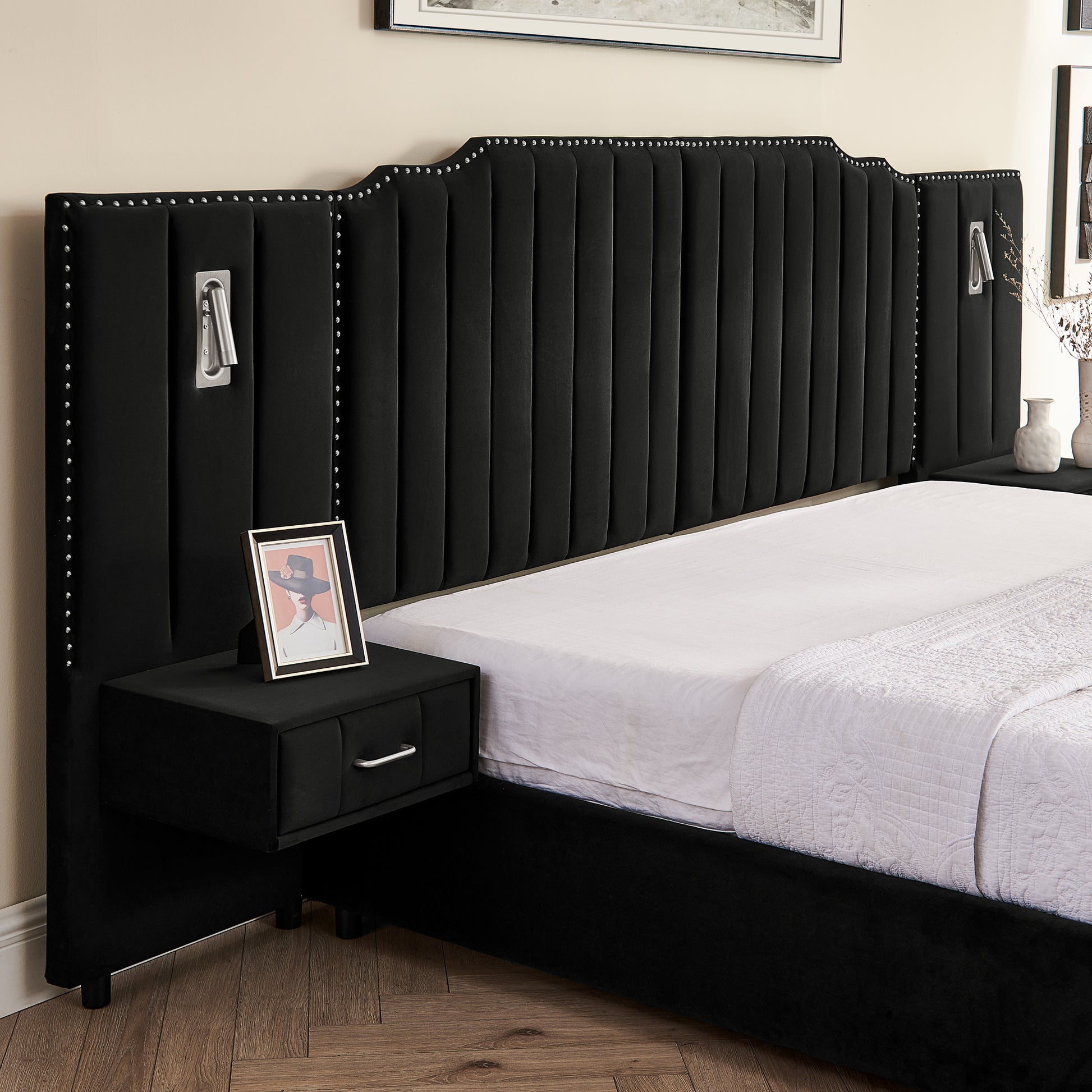 King Size Upholstered Bed Frame with Velvet Fabric, Vertical Stripe Design with Buttons Around King Size Platform Bed with Headboard, Solid Frame & Bedside Table - No Box Spring Needed-Black image 7