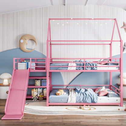 Full Metal House Bunk Bed with Storage Stairs, Slide, Safety Rails, Pink image 2
