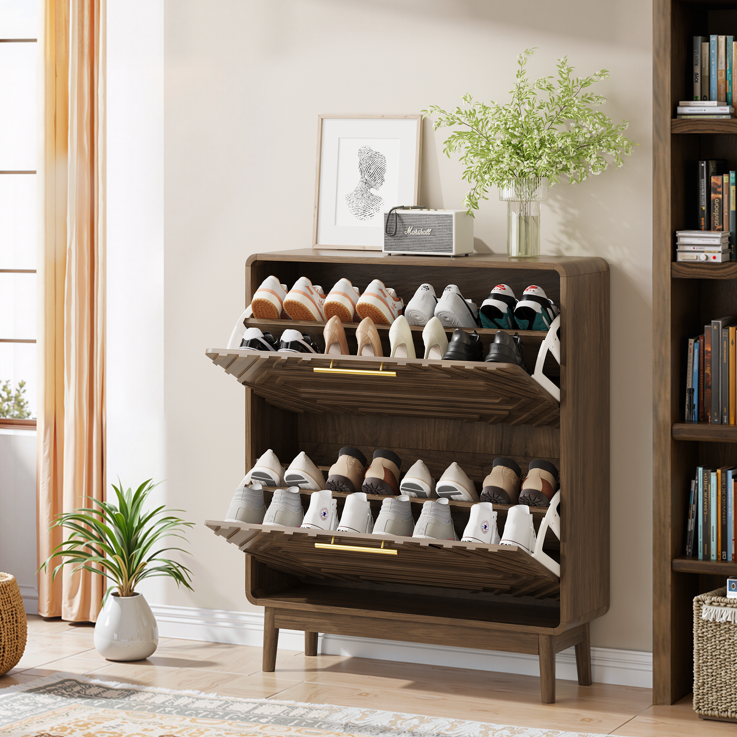 31.5" Walnut Shoe Cabinet, Mid-Century Modern Freestanding Shoe Cabinet, Freestanding Organizer with 2 Flip-Top Drawers, Suitable for Entry, Hallway and Foyer image 8