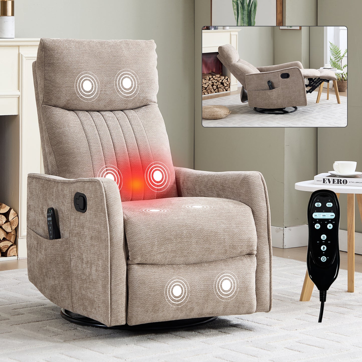 Khaki Heat Massage Manual Recliner Chair with Rocker and Swivel in Fabric for Living Room image 1