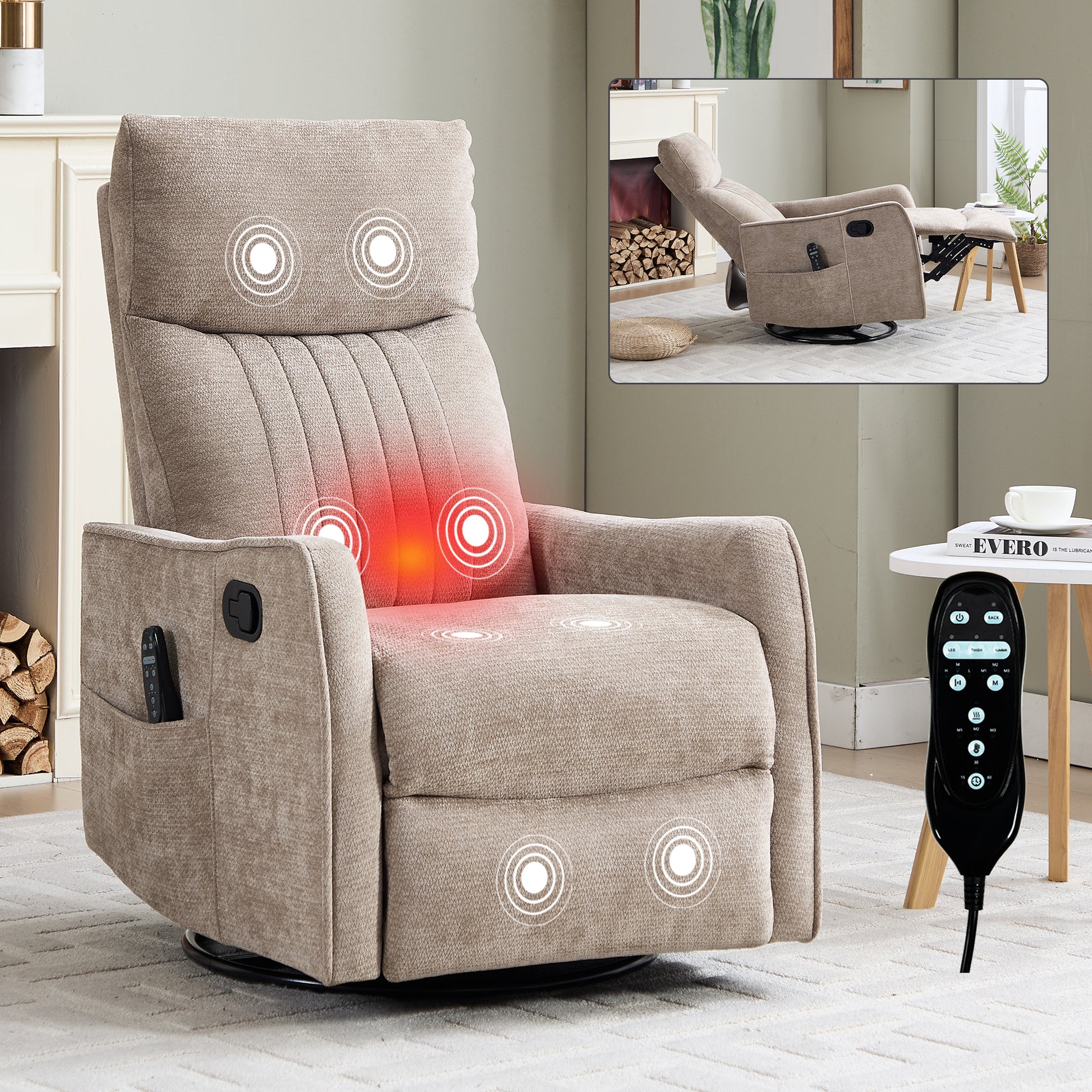 Khaki Heat Massage Manual Recliner Chair with Rocker and Swivel in Fabric for Living Room image 1