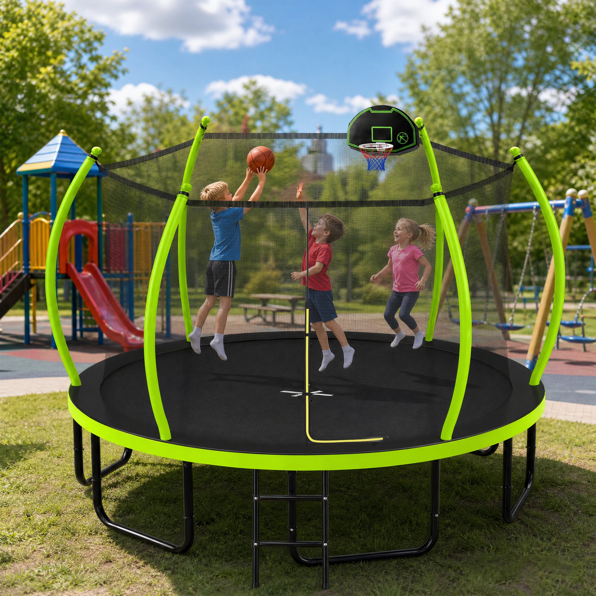 16FT Trampoline with Basketball Hoop for Kids and Adults, Round Outdoor Trampoline with Enclosure Net & Curved Poles & Ladder,Green image 8