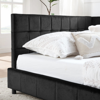 Queen Size Upholstered Tufted Bed Frame, Sofa Bed Frame with Comfortable Backrest and Armrests, Queen Size Bed for Bedroom, Living Room,Velvet, BLACK(85.5''*64.5''*30.5'') image 5