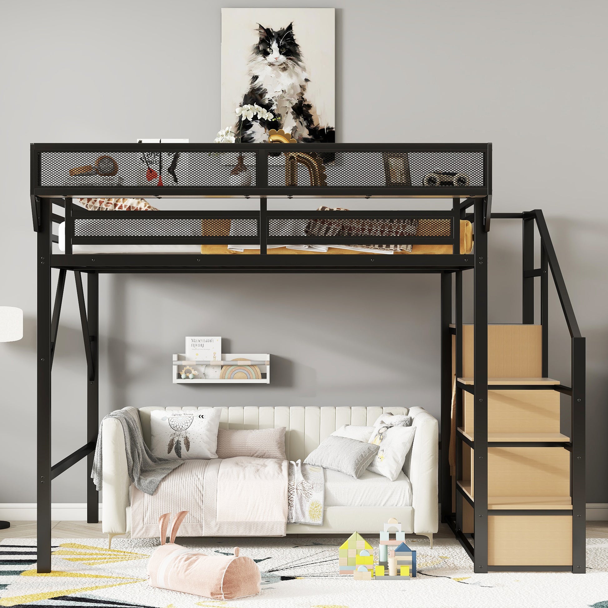 Queen Size Loft Bed with Stairs, Metal Queen Loft Bed with Storage Shelves, High Loft Bed with Wardrobe for Kids Teens Adults, Black(Old SKU W2580S00028) Patent Products image 2