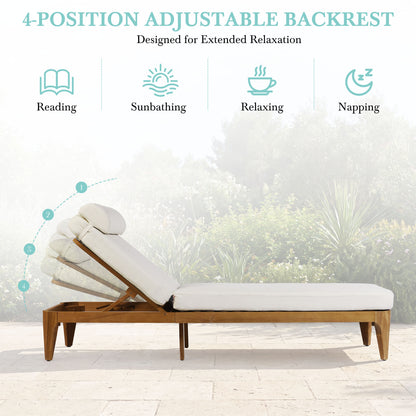 TOPMAX Acacia Wood Chaise Lounge, Outdoor Sun Lounge Chair, Patio Recliner with Adjustable Backrest and Head Pillow for Poolside, Backyard, Garden, Indoor&Outdoor, set of 2, Beige image 9