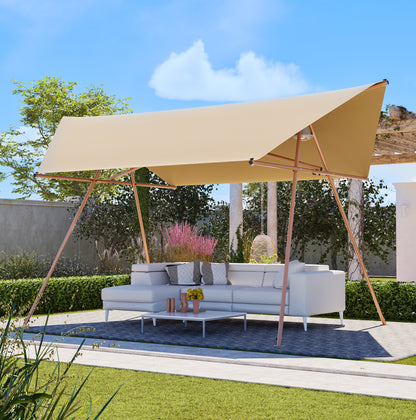 Hexagonal Shade Sail Canopy, Large 206"x118" UV Block Sun Shade with UPF 50+, Waterproof High-Density Polyester Fabric, Brown Rust-Resistant Poles & Built-in Hooks for Patio Backyard – Light Khaki image 1