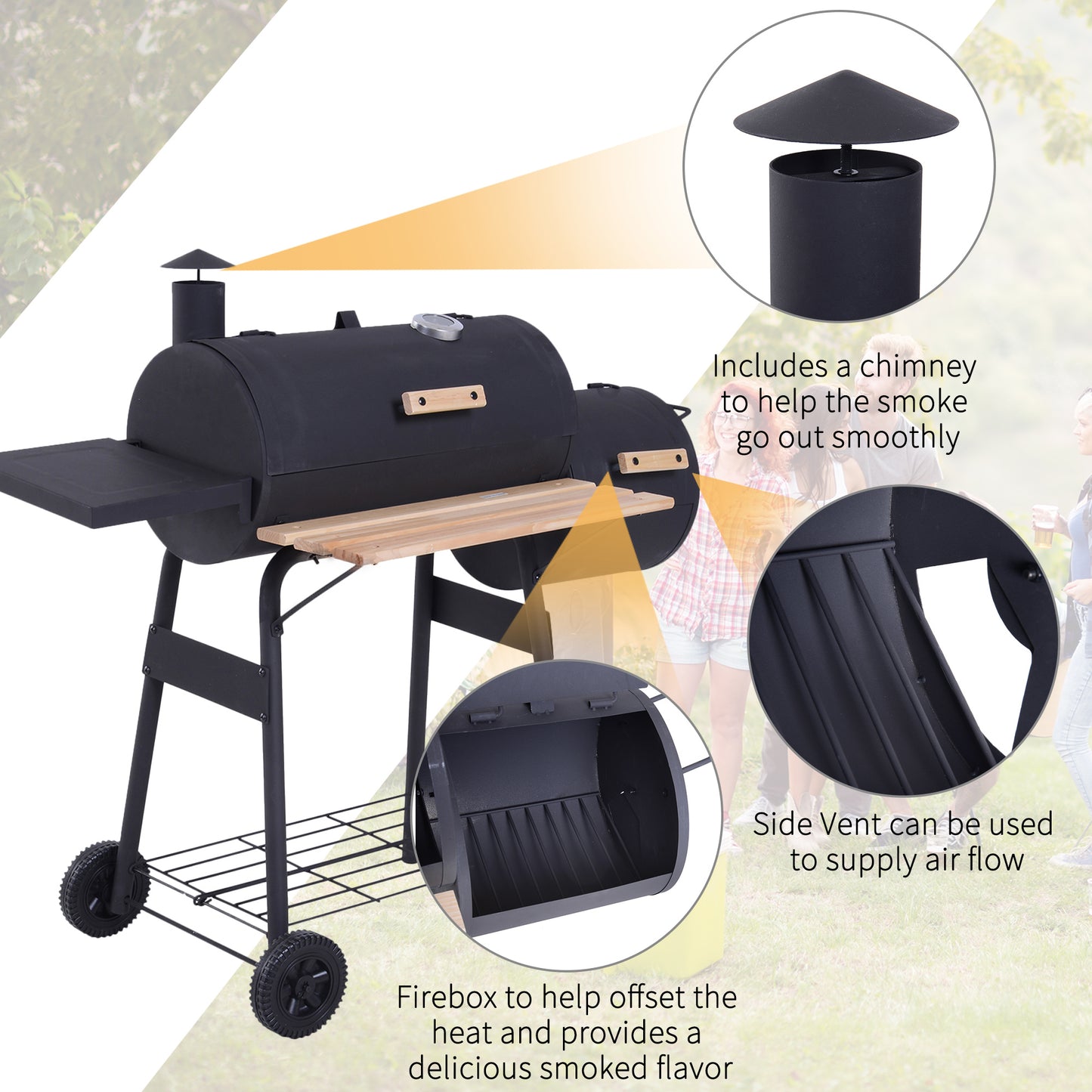Outsunny 48" Steel Portable Backyard Charcoal BBQ Grill and Offset Smoker Combo with Wheels image 6