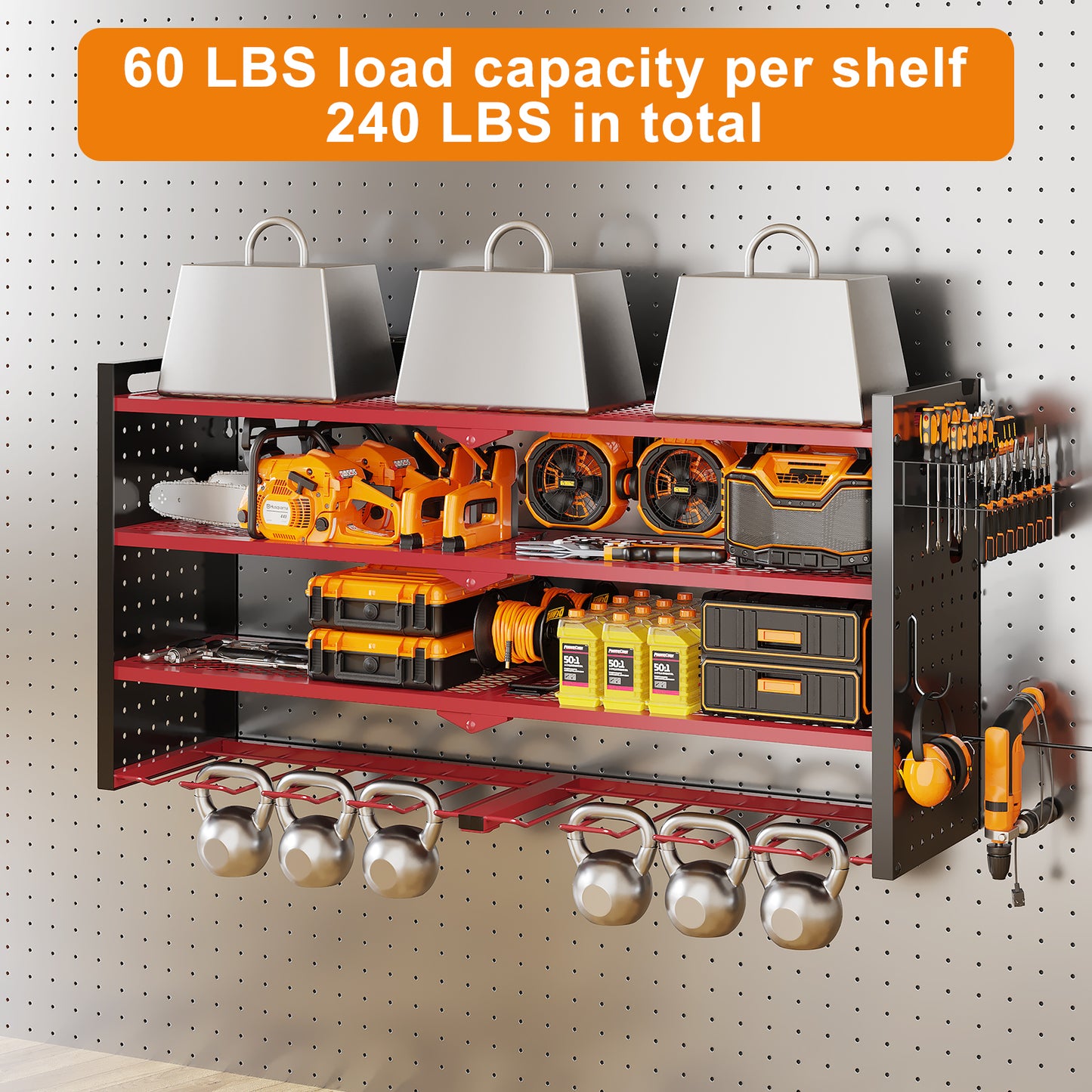 33 inches Modular Wall-Mounted Power Tool Organizer with Charging Station Heavy-Duty Drill Rack with Hooks and 8-Outlet Holder in Red image 10