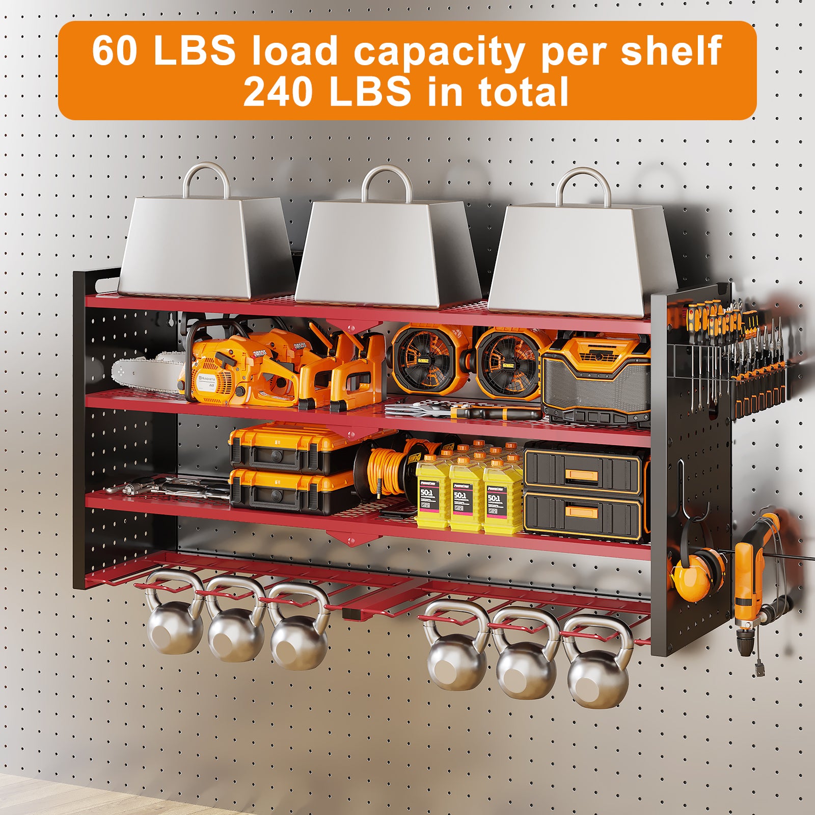 33 inches Modular Wall-Mounted Power Tool Organizer with Charging Station Heavy-Duty Drill Rack with Hooks and 8-Outlet Holder in Red image 10
