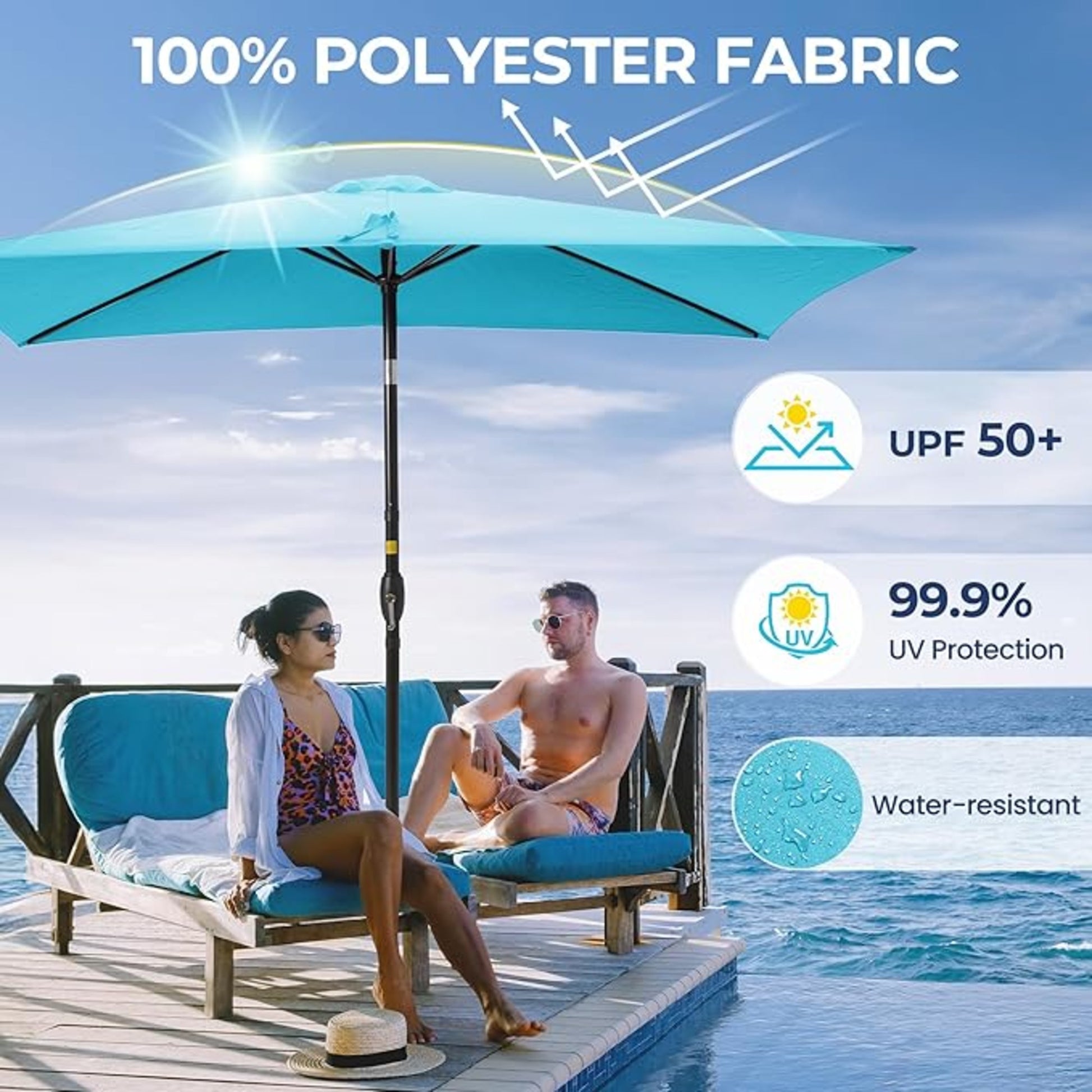 6.5 x 10 ft Turquoise Rectangular Patio Umbrella with Crank, Tilt, Polyester UV-Resistant Canopy for Pool, Backyard & Patio (Without base) image 10