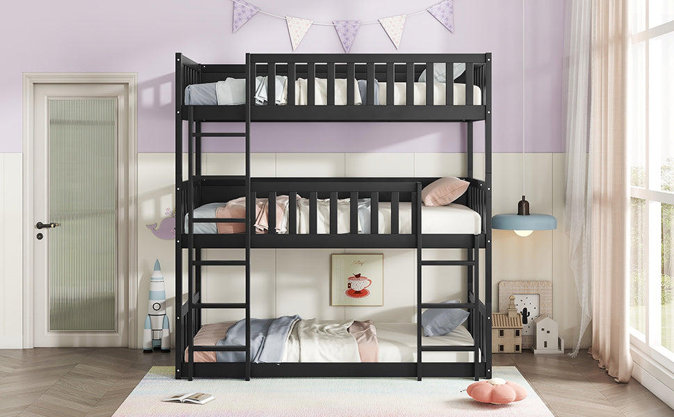 Twin Size Triple Rubber Wood Bunk Bed, with Ladders, Guardrails Detachable Bunk Bed, Twin over Twin over Twin,Black image 9