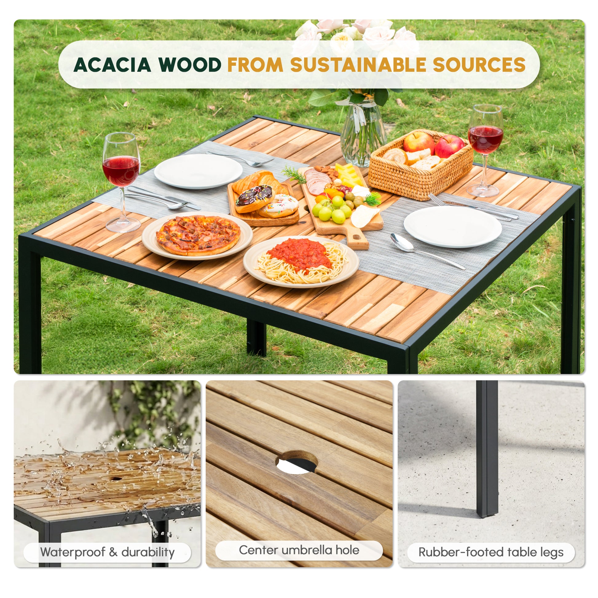 All Weather 5-Piece Patio Dining Table Sets, Patio Conversation Set Acacia Wood Table Top with Umbrella Hole, Rattan Outdoor, Light Gray Color image 6