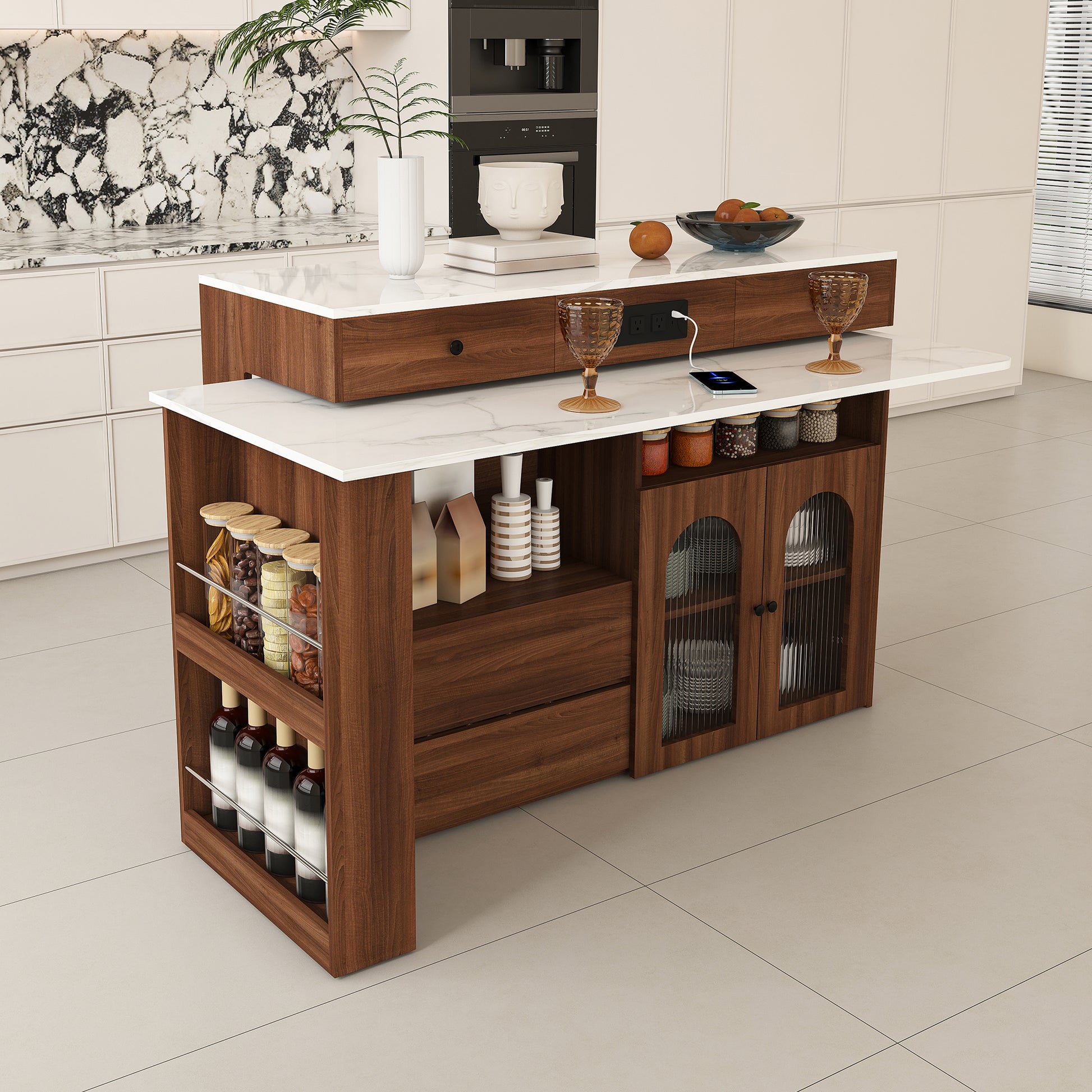 Kitchen Island with Extendable & Rotating Table, MDF with Walnut Veneer Retro Design, 4 Drawers & Glass Door Cabinets with Built-in Socket, Expandable Dining Station for 2-4 Person (Walnut) image 4