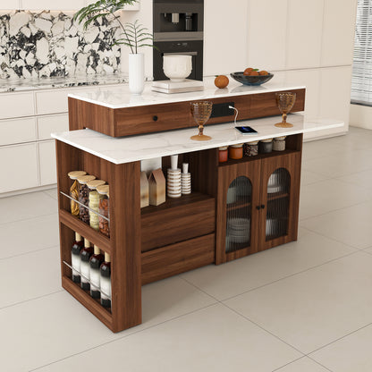 Kitchen Island with Extendable & Rotating Table, MDF with Walnut Veneer Retro Design, 4 Drawers & Glass Door Cabinets with Built-in Socket, Expandable Dining Station for 2-4 Person (Walnut) image 4