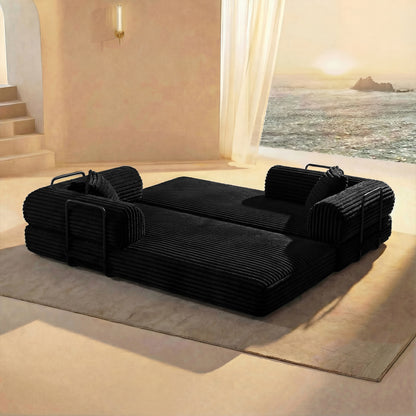 Compression Sofa,Convertible Floor Sofa Bed-with Pillow Back Support Armrest,Comfy Futon Couch Sleeper Bed,Loveseats Boneless Modular Sectional Sofa,Corduroy fabric,for Living Room,Bedroom,Black image 3